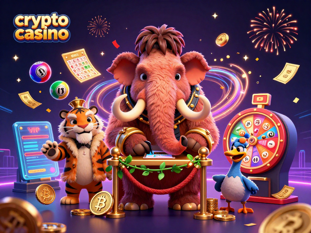 Engage in a crypto casino adventure with a vibrant 3D illustration showcasing lively characters and dynamic game elements.