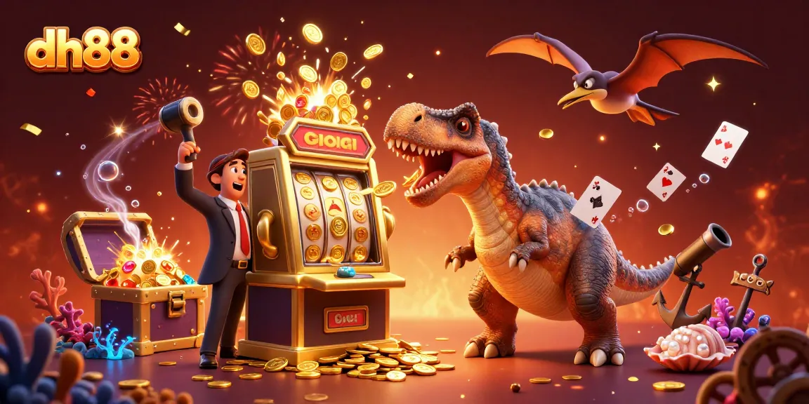 dh88 showcases a pachycephalosaurus hitting a slot machine for jackpot coins in a vibrant casino