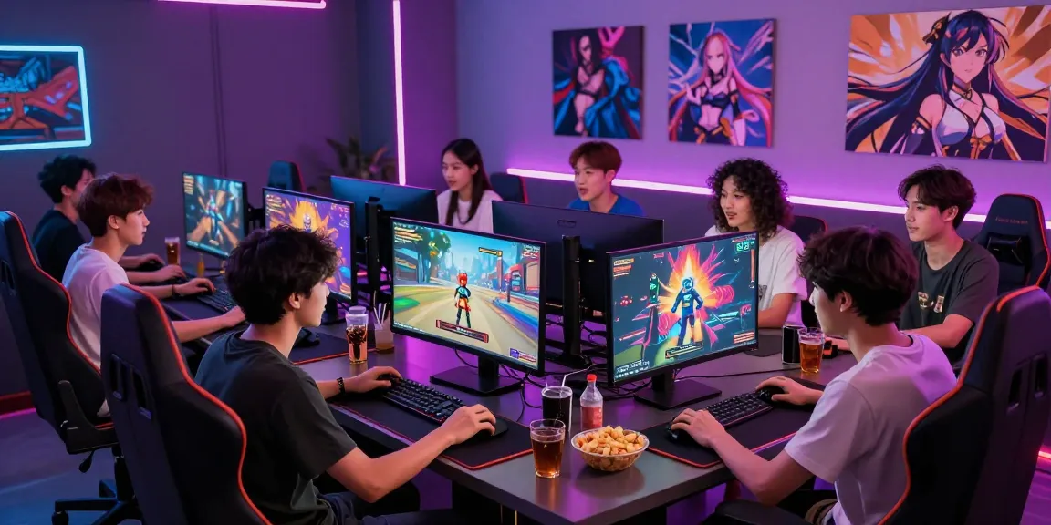 Engaging group playing hentai games with vibrant visuals and snacks.