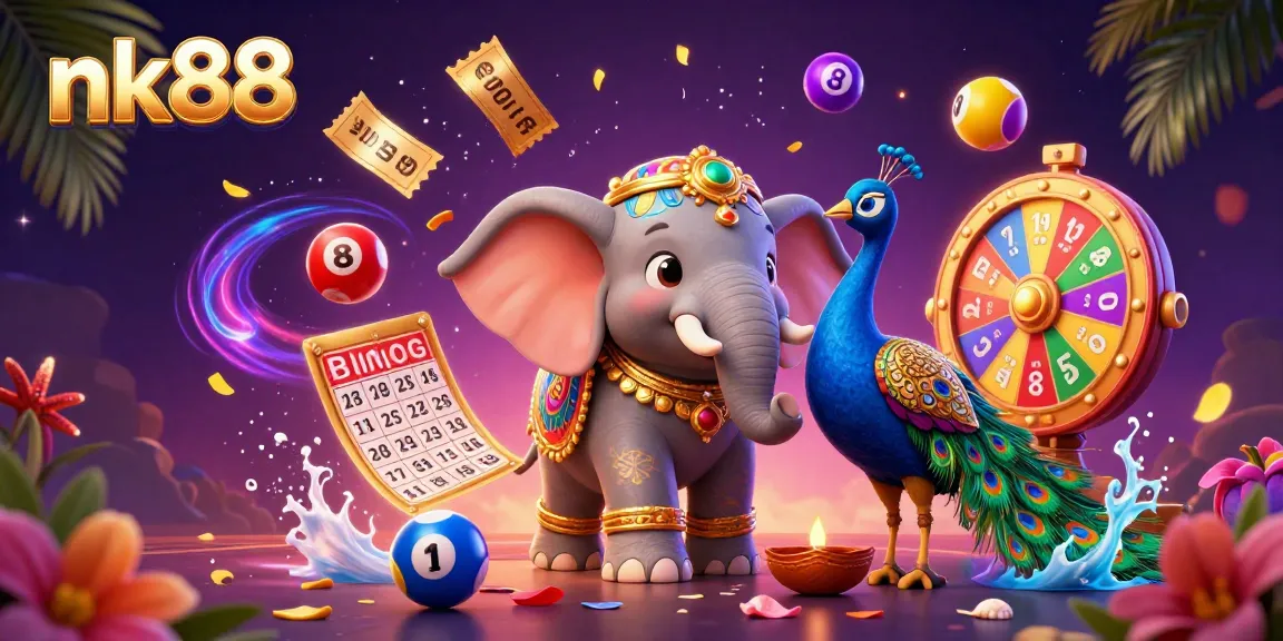 Experience the thrill of nk88 with a vibrant 3D illustration of a casino-themed scene filled with colorful elements.