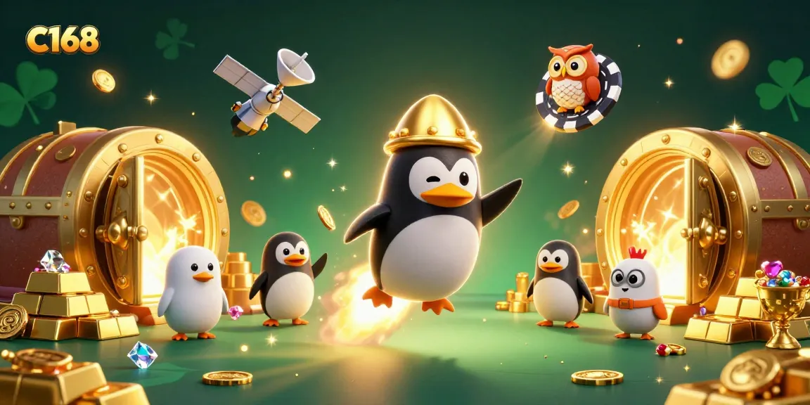 Experience thrilling games at C168 with vibrant casino-themed illustration and golden treasures.