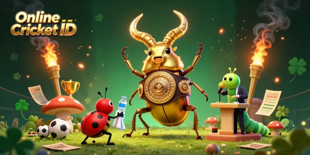 Engage in Online Cricket ID betting adventure with golden stag beetle champion, vibrant sports elements.