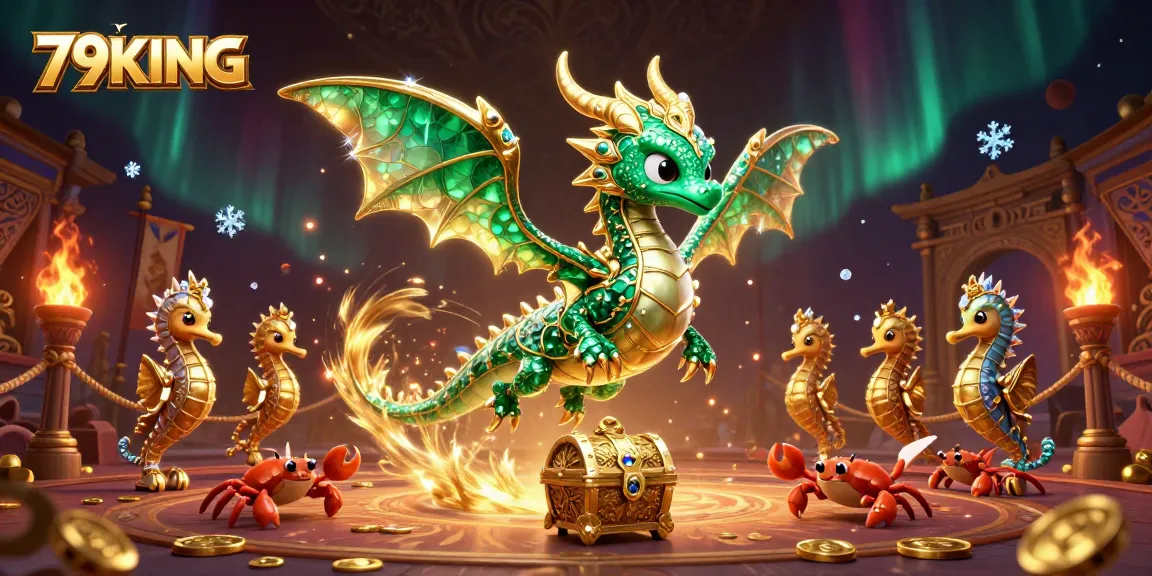 Engage with 79KING's vibrant 3D casino world featuring dragons, treasure, and dynamic game elements.