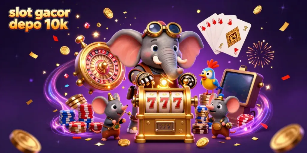Menangkan slot gacor depo 10k dengan slot mesin emas dikelilingi koin dan berlian berkilauan.
