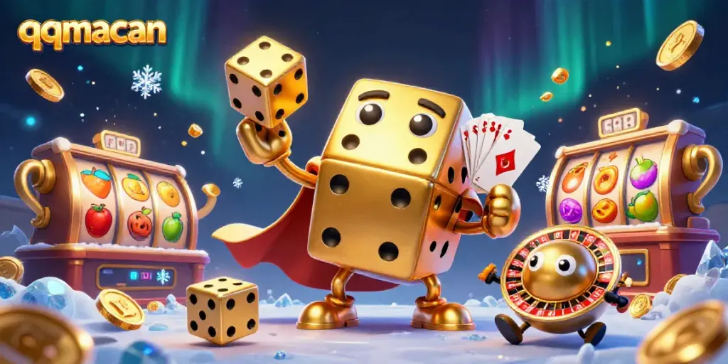 A vibrant qqmacan scene showcasing a golden dice golem juggling, slot reels spinning, and icy particles flowing, emphasizing casino action.