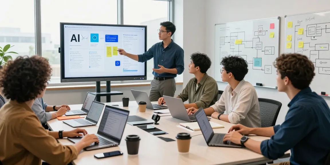Collaboration scene showcasing professionals discussing the best AI tools in a tech-inspired workspace.