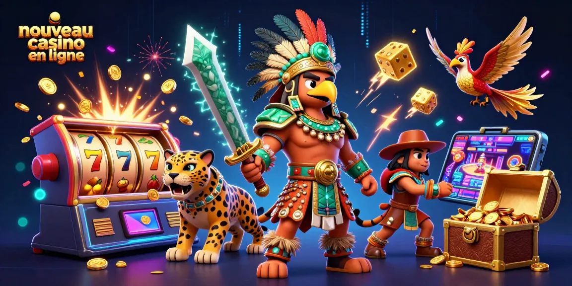 Engage with the vibrant scene of nouveau casino en ligne showcasing an Aztec warrior with jackpots and bonuses.