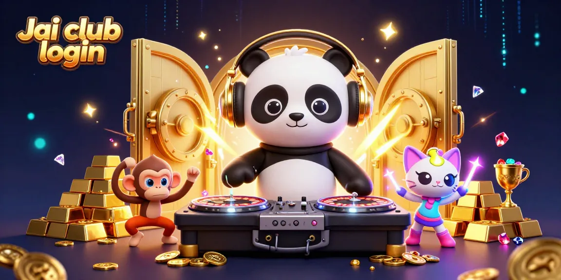 Engage with Jai club login in this lively casino-themed illustration featuring DJ panda and more.