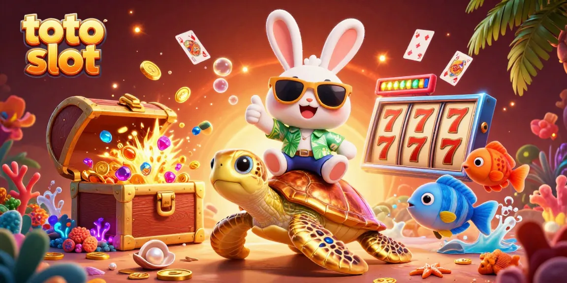 Experience thrilling gameplay with the cute toto slot rabbit riding a turtle amidst a vibrant casino graphic.