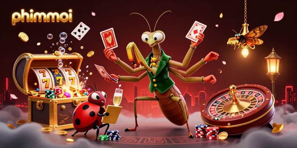 Engaging phimmoi gambling scene showcasing a giant mantis card sharp and ladybug pit boss amid vibrant casino elements.