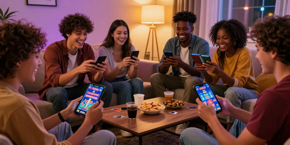 Friends playing 3 Patti Blue app on mobile devices to win big together in a cozy living room.