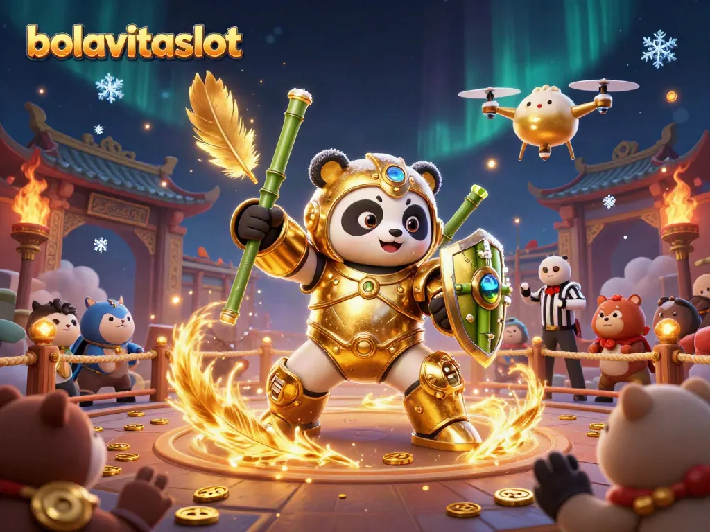 Experience thrilling gameplay at bolavitaslot with a dynamic action scene featuring a panda robot in an engaging casino environment.