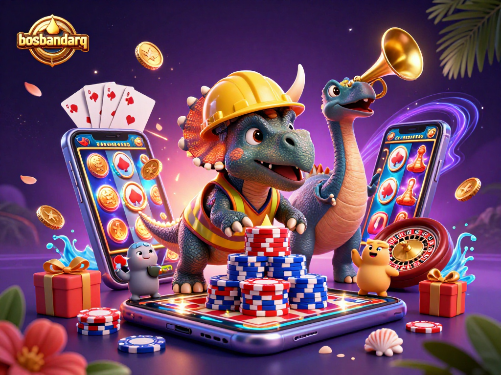 Experience gaming excitement with bosbandarq showcasing card games, poker chips, and celebration in a vibrant scene.