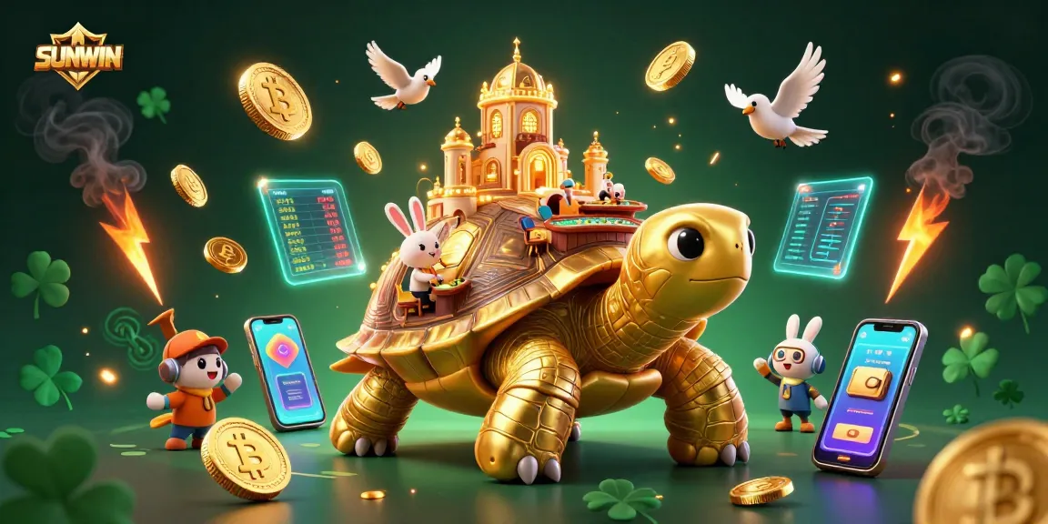 SUNWIN showcases a vibrant casino scene with a golden tortoise, a rabbit dealer, and flying coins amidst a rich, animated atmosphere.