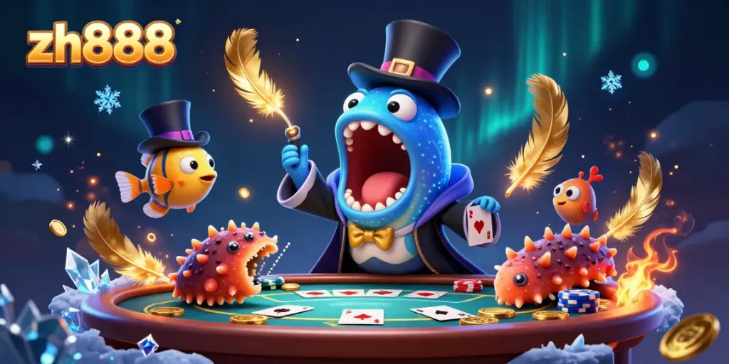 Play exciting games with ZH888 featuring a bioluminescent gulper eel magician surrounded by casino elements.