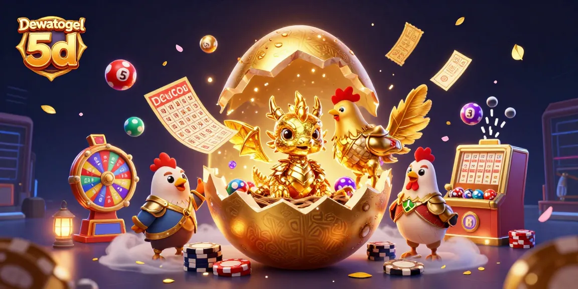 Dewatogel 5d reveals a golden baby dragon on poker chips surrounded by vibrant lottery elements.