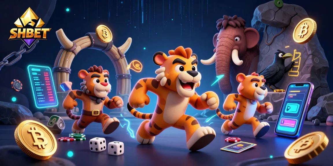 Engage in thrilling casino adventures with SHBET's vibrant prehistoric-inspired illustration featuring dynamic characters.