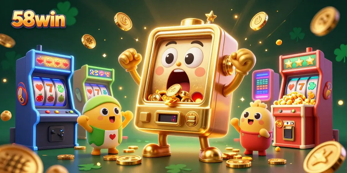 Experience thrilling wins with 58win's golden slot machine celebrating a jackpot amidst dynamic casino elements.