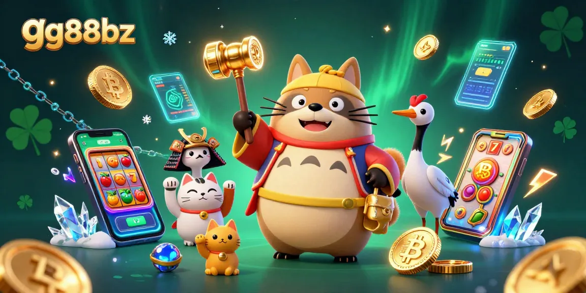 Play exciting slots at gg88bz with cheerful tanuki and vibrant game elements in this dynamic scene.