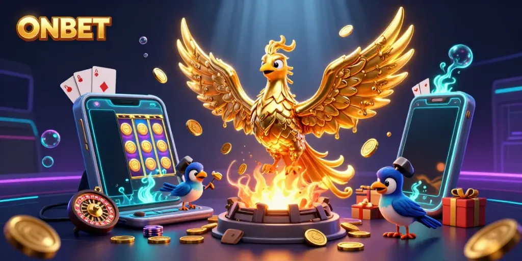 Experience exhilarating gameplay with ONBET's vibrant casino, featuring a golden phoenix and enticing slot games.