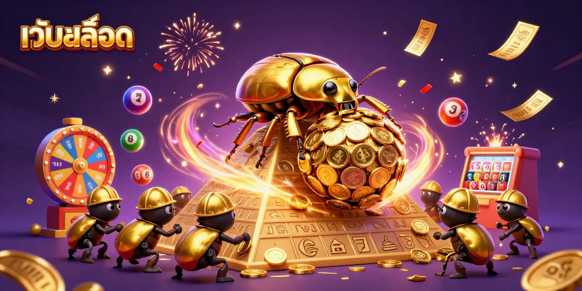 Spin the reels of เว็บสล็อต with golden treasures and vibrant casino symbols in a celebratory scene.