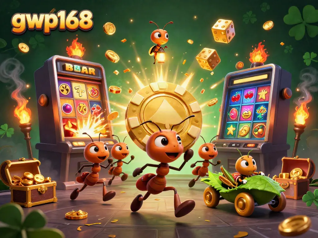 Ant tim 3D membawa chip poker emas besar dengan semangat, merayakan kemenangan di platform gwp168