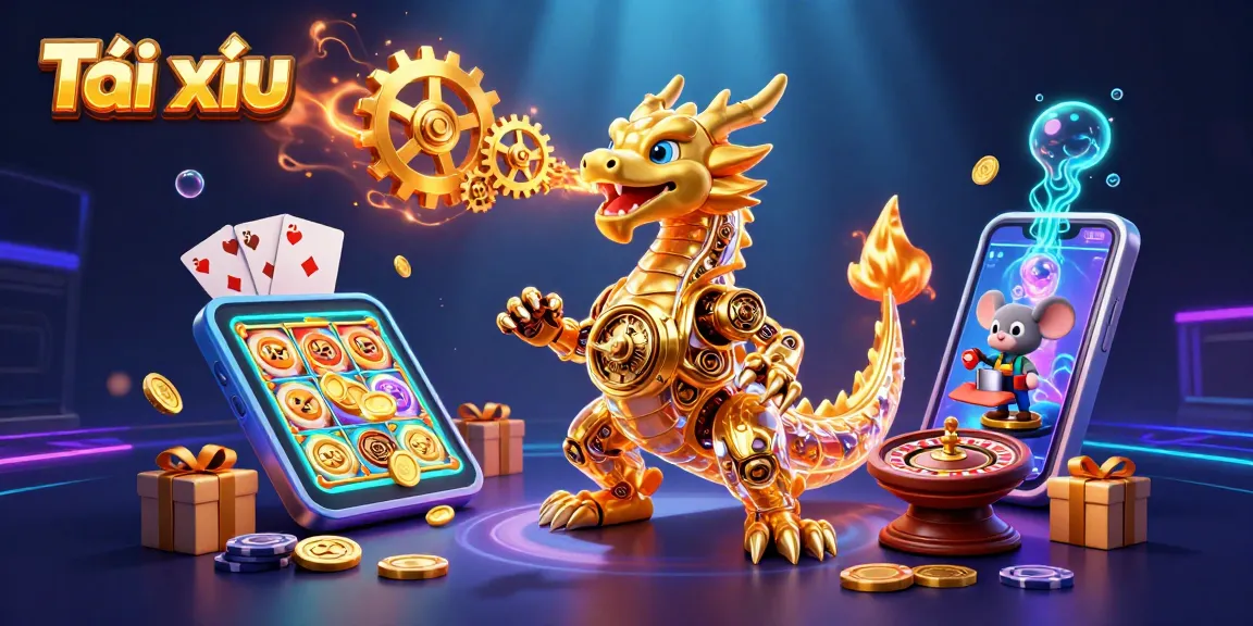 Experience Tài xỉu action with a golden dragon and thrilling casino elements in this vibrant illustration.