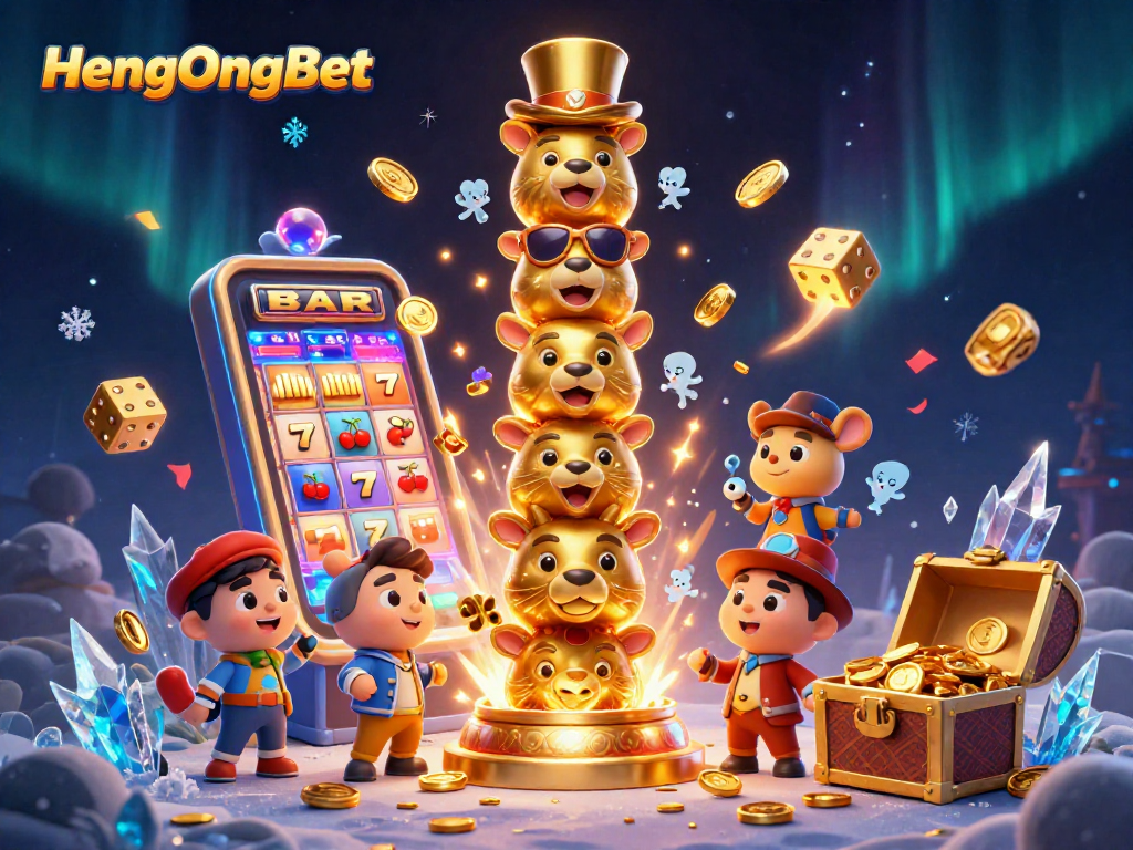 HengOngBet showcases a vibrant 3D illustration of a totem pole with casino-themed animal faces and dynamic game elements.
