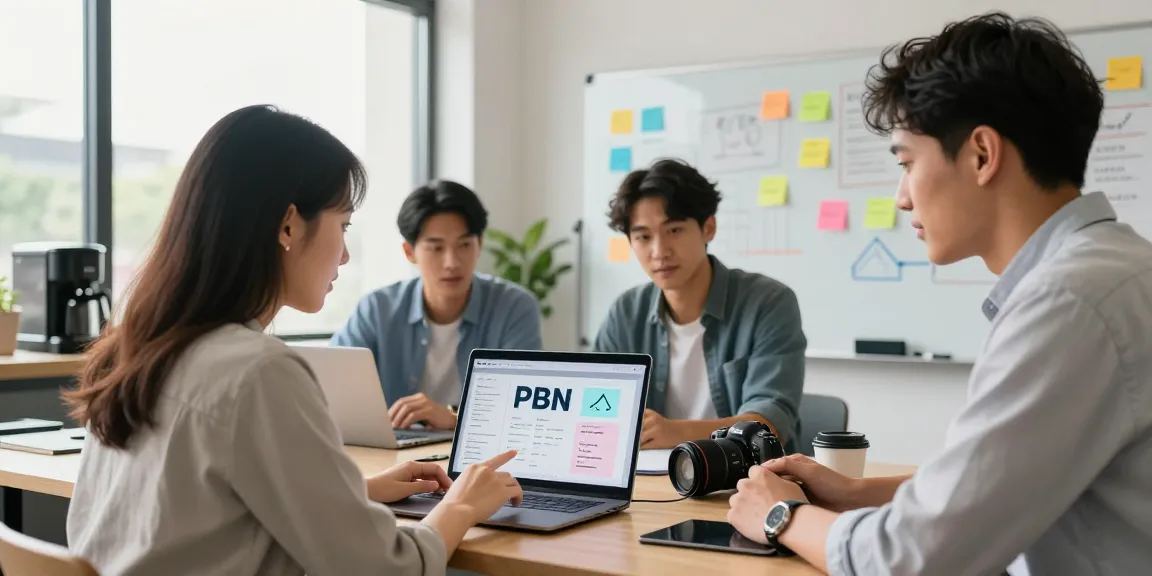 PBN link building service collaboration in a modern SEO office with a team analyzing strategies.