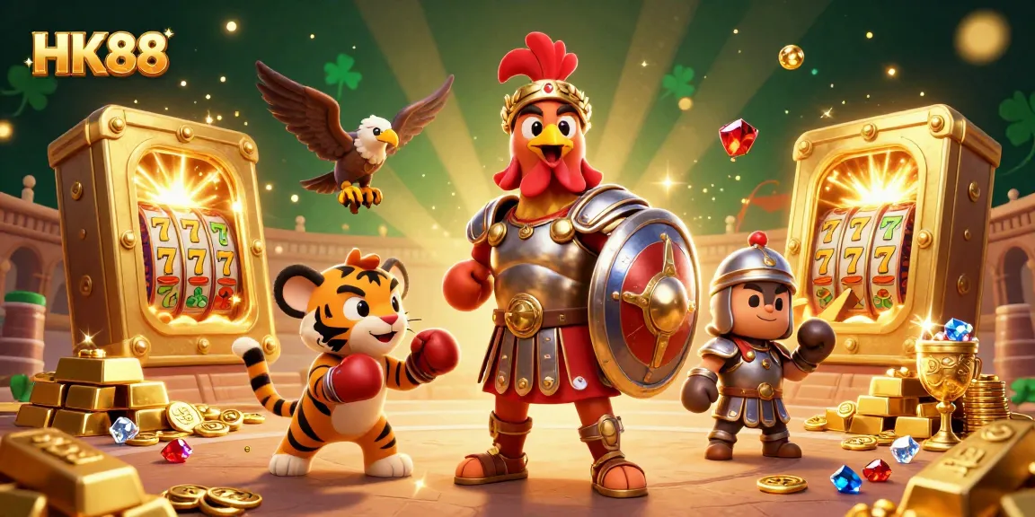 Engage with HK88's thrilling casino experience featuring an imaginative gladiator rooster, tiger cub, and treasures.