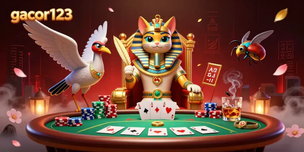 Engage with gacor123 in a vibrant casino scene featuring an Egyptian pharaoh cat and poker elements.