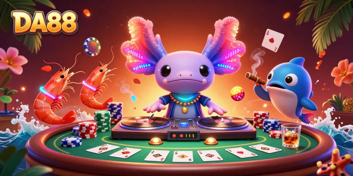 Experience DA88's lively casino vibe with a vibrant axolotl DJ and poker elements.
