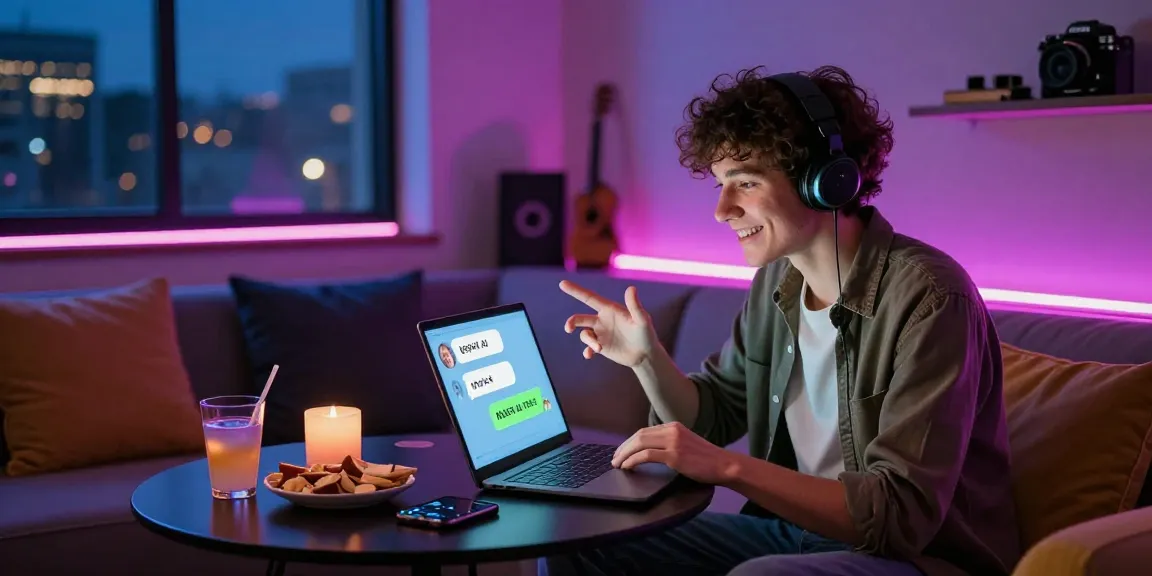 Engaging in nsfw ai chat in a cozy modern lounge with colorful lights.
