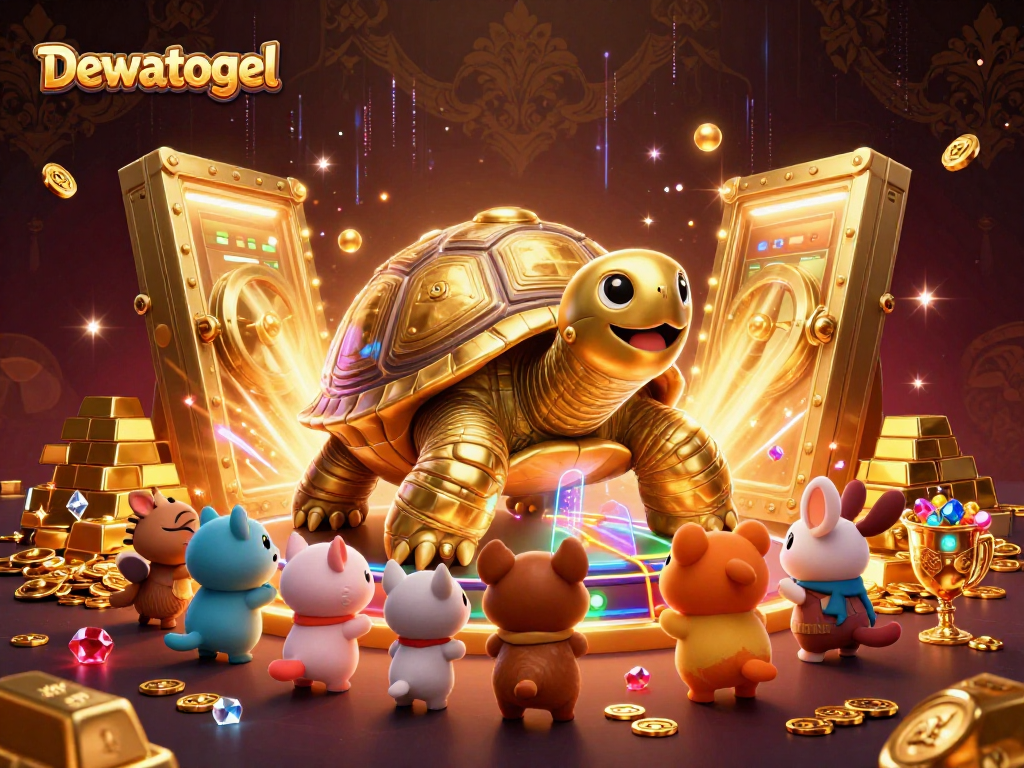 Dewatogel menghadirkan gambar ilustrasi yang memikat dengan karakter penyu emas dan mesin pinball, dikelilingi harta karun luar biasa.