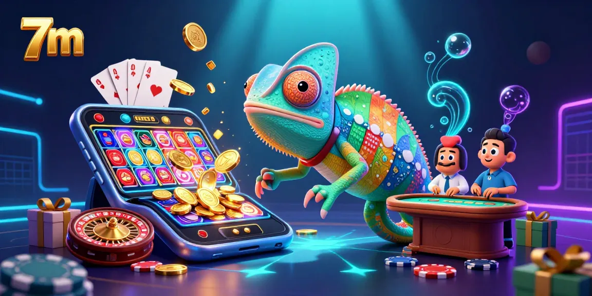 Experience lively gambling action with 7M, featuring a vibrant chameleon and casino elements.
