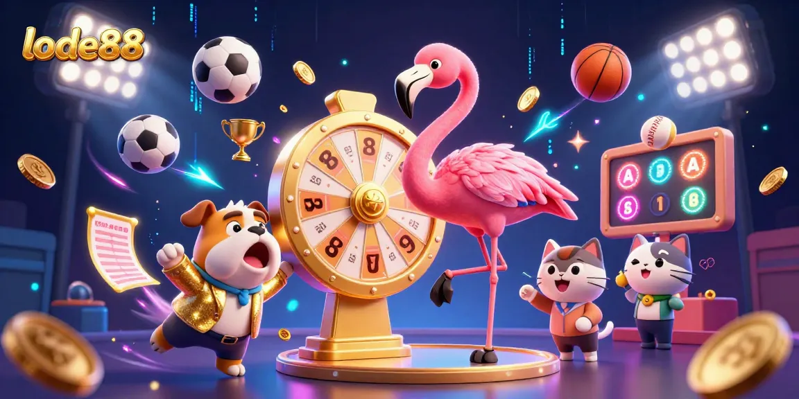lode88 showcases excitement as the flamingo host spins the prize wheel with dynamic game elements.