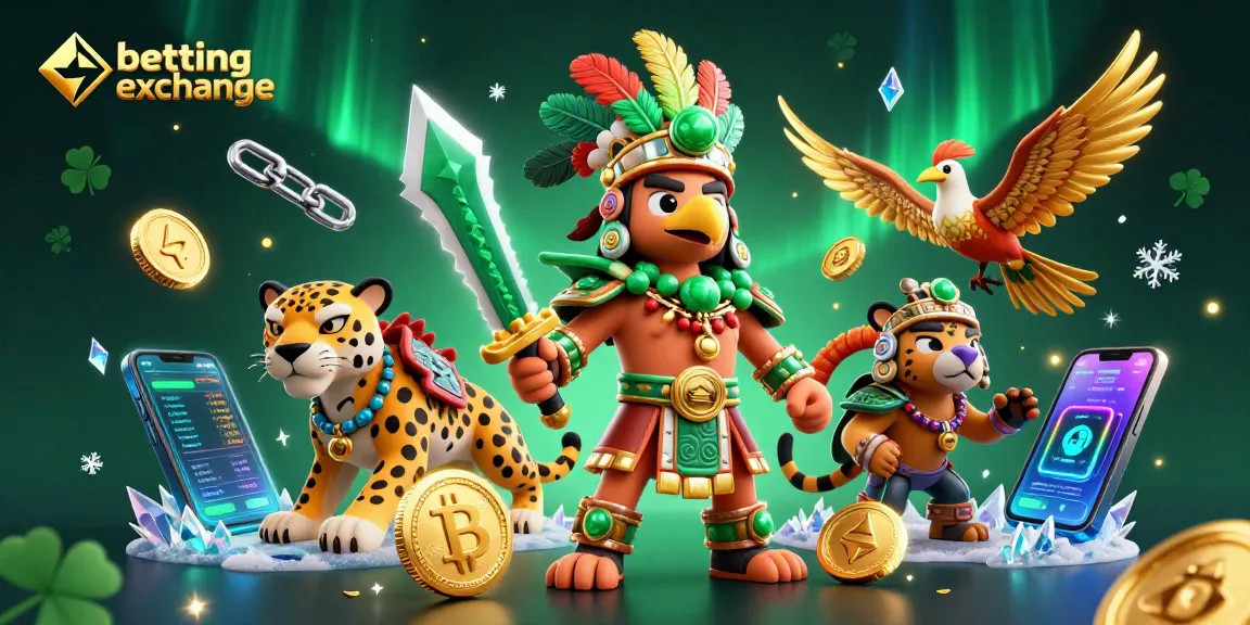 Engage with the betting exchange through vibrant gaming actions featuring 3D colorful warriors and crypto elements.