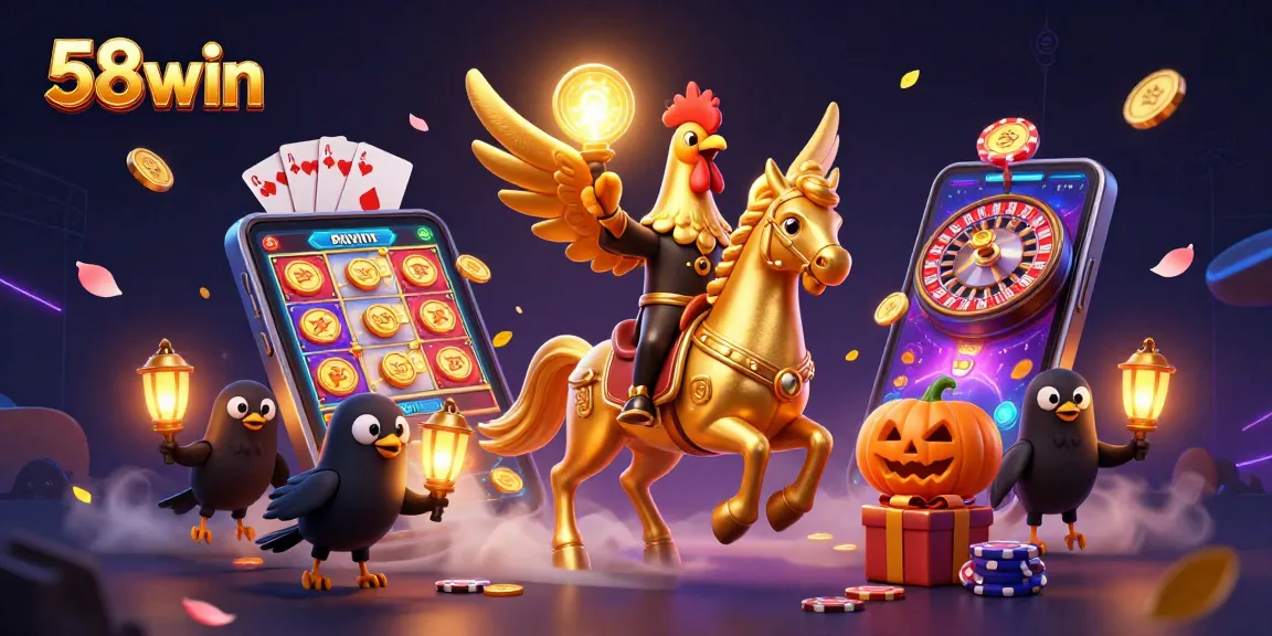 Experience thrilling gameplay with 58win's vibrant 3D casino scene showcasing golden rooster characters and dynamic slot games.