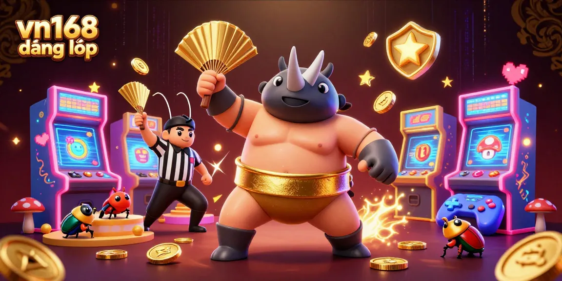 Enjoy vn168 đăng nhập as the beetle champion stomps coins in a vibrant casino-themed illustration.