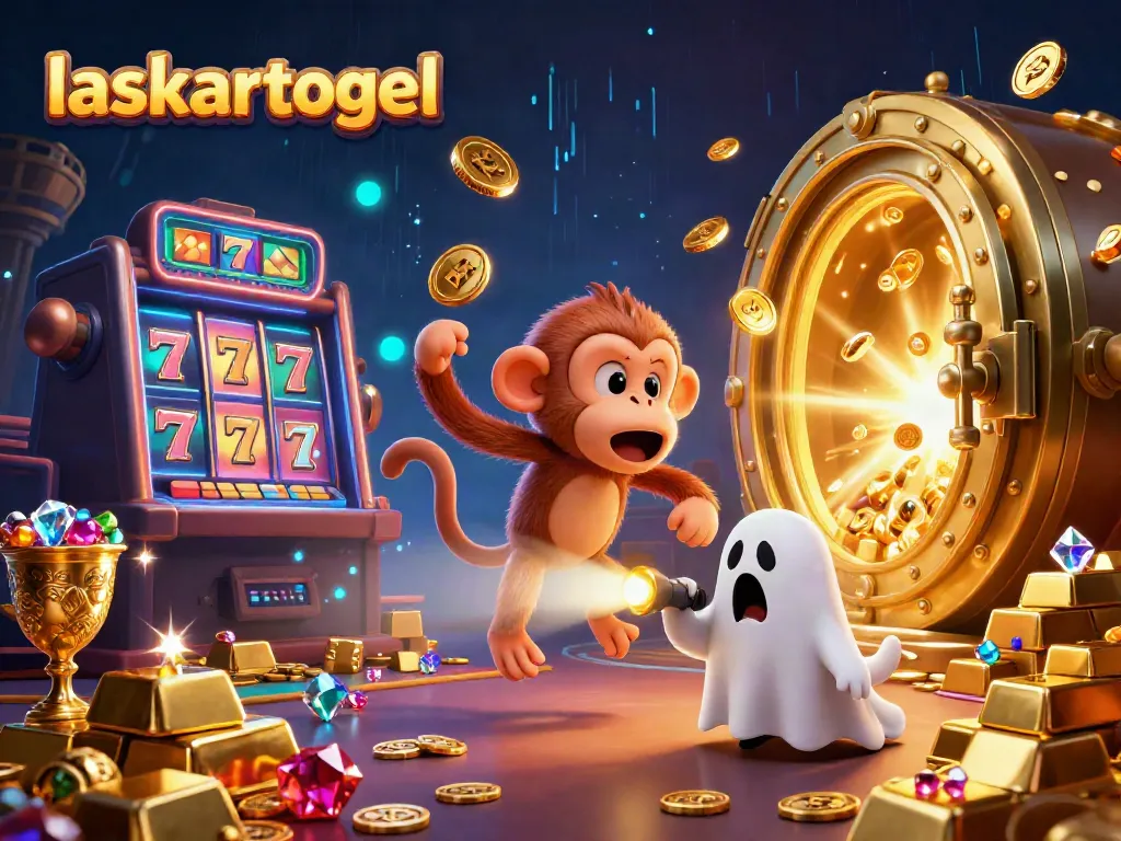 Experience the thrill of laskartogel with a mischievous monkey and ghost-hunter puppy in a vibrant casino scene.