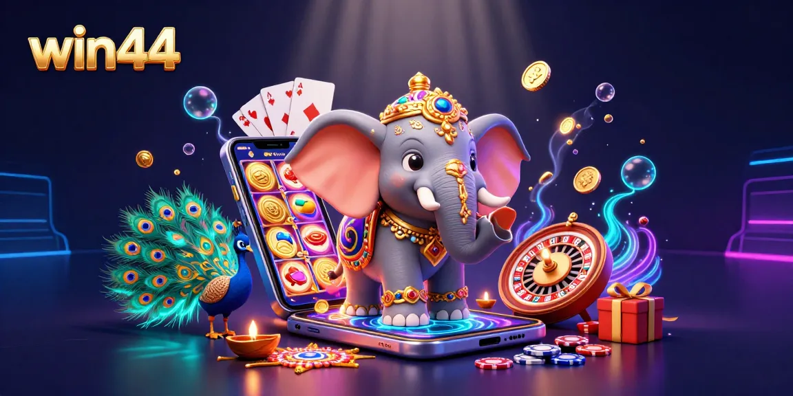 Win44 platform features a vibrant 3D casino scene with slots and colorful gaming elements.