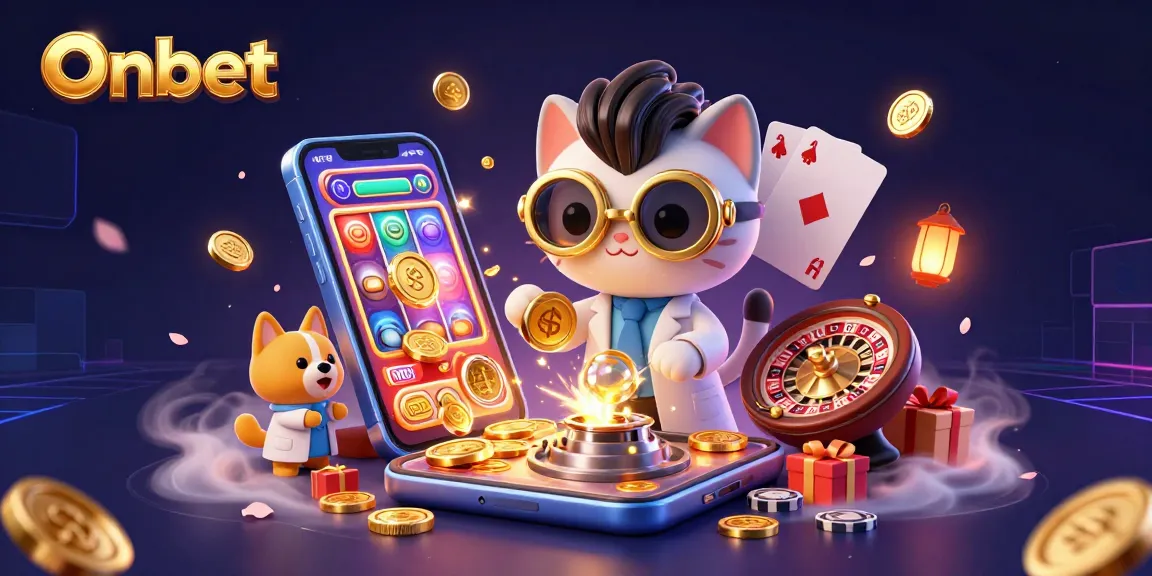 Spin the slots with Onbet's vibrant gaming experience featuring a mad scientist cat and golden coins!
