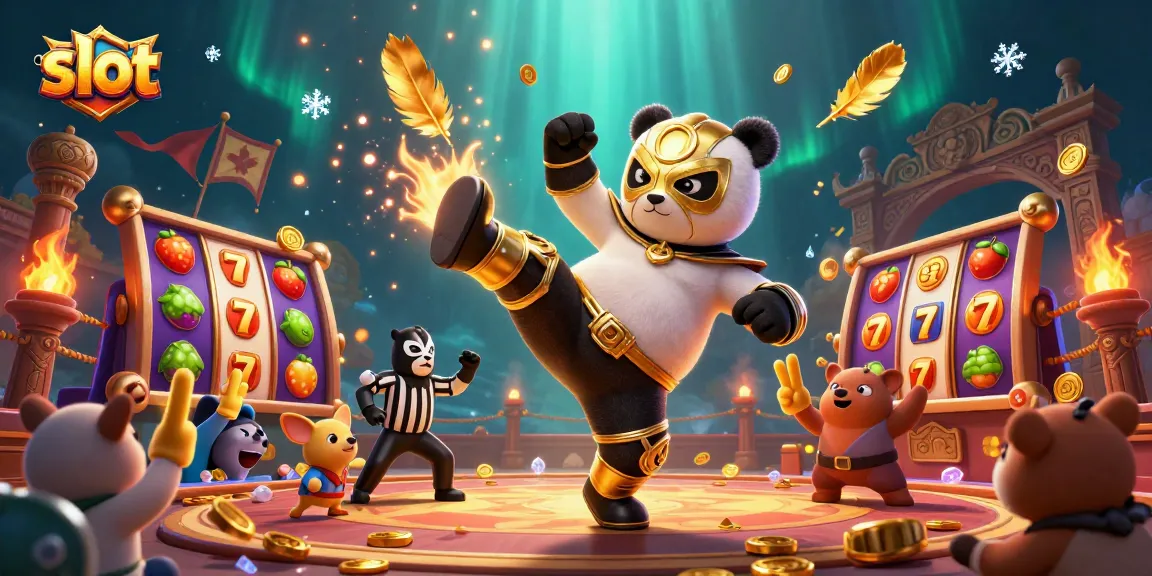 Permainan slot dengan panda pejuang terbang dan penonton hewan kecil bersorak.