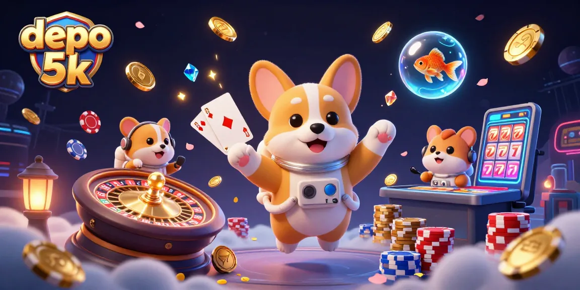 Play exciting depo 5k casino games with illustrations of a corgi astronaut in a whimsical setting.