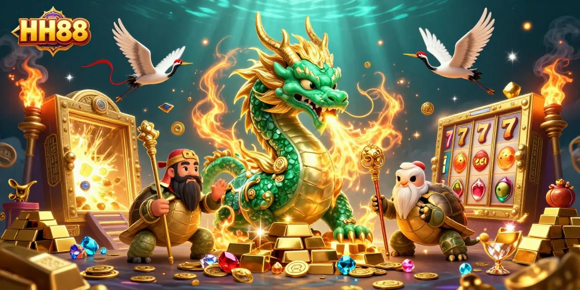 Spinning slot reels collide with HH88's emerald dragon as golden treasures burst forth in a vibrant 3D scene.