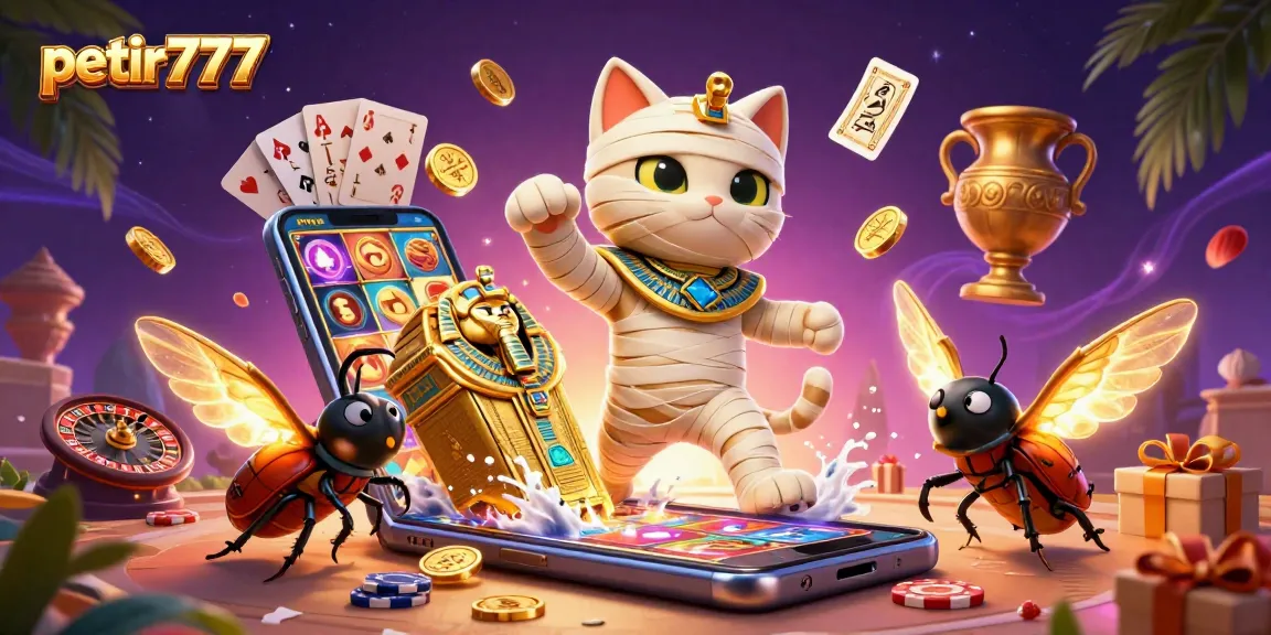 Experience thrilling slot action with petir777, featuring a mummy cat, scarab, and dynamic casino elements.
