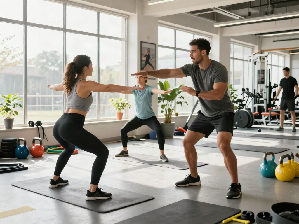 Personal trainer demonstrating depo 10k workout strategies to a client in a bright gym.