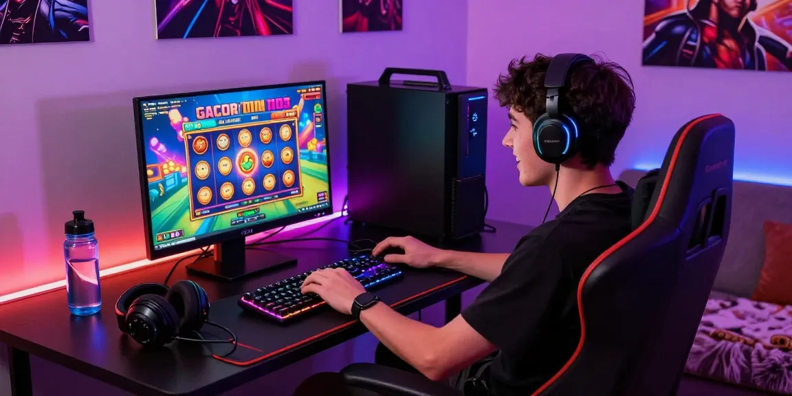 Seorang pemain antusias bermain slot gacor online di ruang gaming yang ceria dan modern.