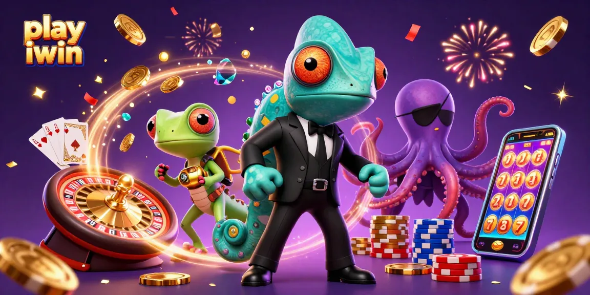 Play iwin excitingly with a vibrant casino scene featuring characters and dazzling elements.