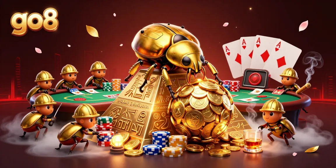 Experience thrilling casino excitement at go8 with golden beetles rolling coins in a vibrant 3D illustration.